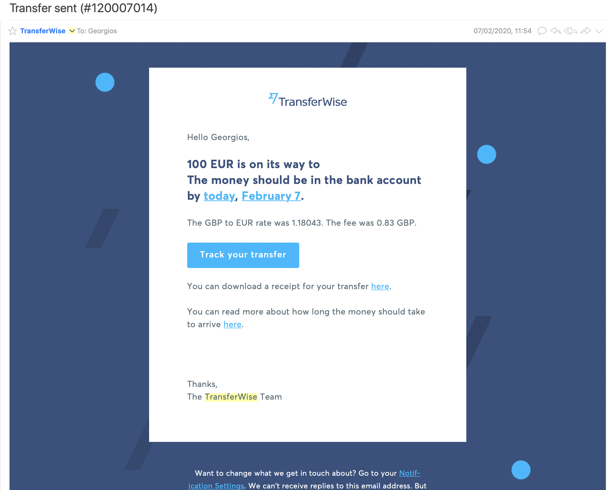 Transferwise email example