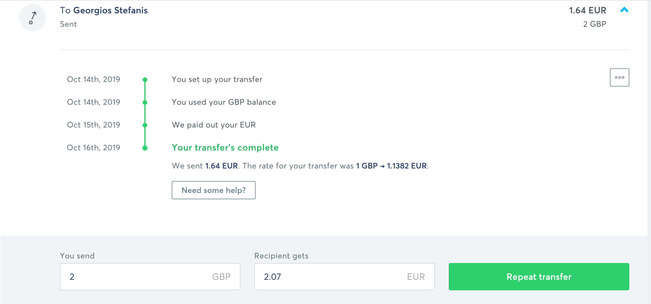Transferwise Repeat Transfer example